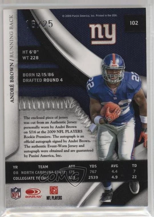 2009 Playoff National Treasures Century Gold /25 Andre Brown #102 Rookie Auto RC - Image 2 of 2