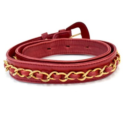 Auth CHANEL Red Leather Chain Belt Gold Hardware 70/28 Vintage