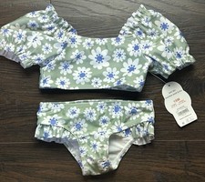 Wonder Nation 2 Peice Swimsuit Girls 18 Months Green Daisy