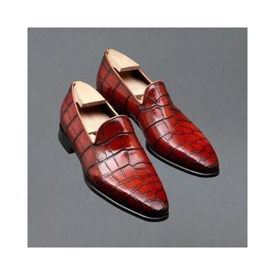 Newly Men's Handmade Red Crocodile Leather Print Slip On Moccasin Formal Shoes