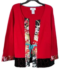Soft Surroundings Women’s Wool Blend Red Floral Asian Sweater Velvet Trim XL VTG