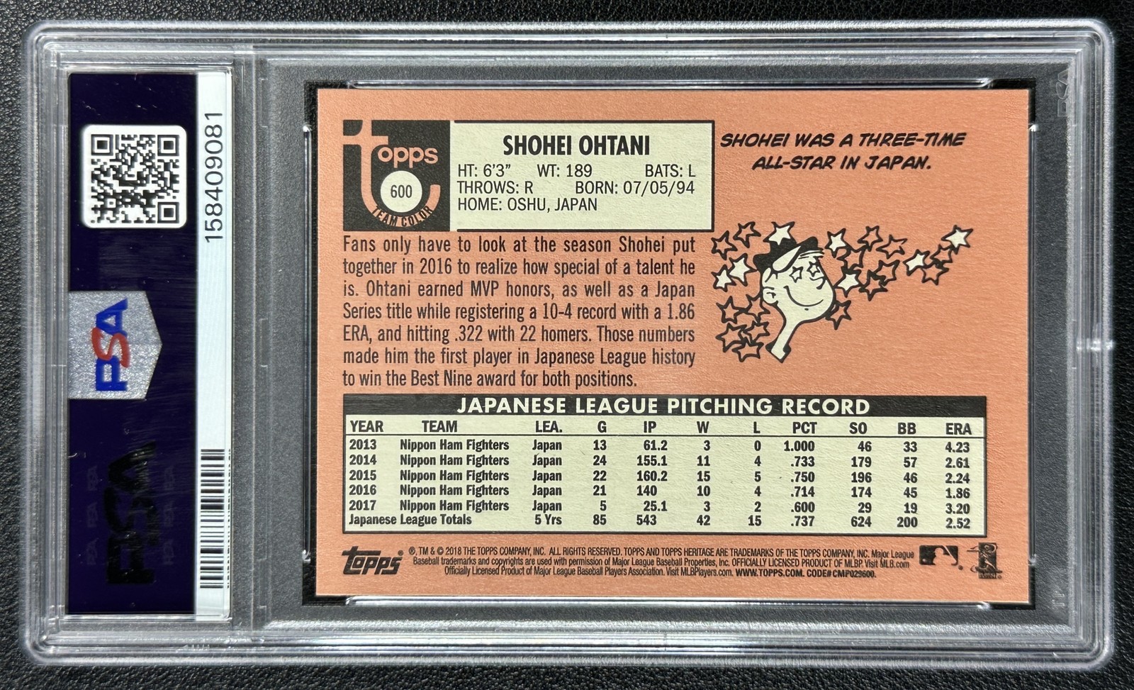 SHOHEI OHTANI PSA 9 2018 TOPPS HERITAGE #600 ROOKIE COLOR SWAP SP ANGELS 9081 view 2