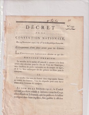 14-11-1792. Decree. Convention Nationale. Boarding. Colonies. Iles du Vent.