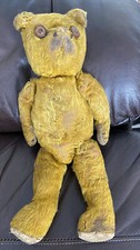 Antique VTG Handmade Straw Stuffed Teddy Bear Yellow Gold Mohair Button Eyes 14