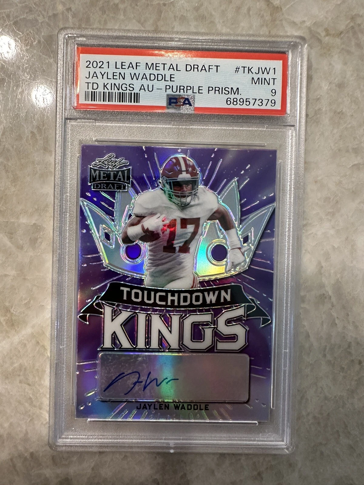 Jaylen Waddle Leaf Metal Draft Touchdown Kings Autographs #TKJW1 Purple Marble