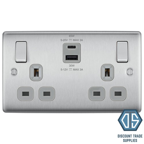 BG Nexus Brushed Steel Switches & Sockets Full Range Satin Chrome Grey Inserts - Picture 24 of 91