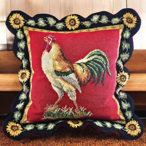 VTG Needlepoint Red Rooster Wool Throw Pillow Sunflower Scalloped Velvet Zipper