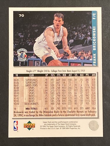 1994-95 Collectors Choice Silver Signature 70 Frank Brickowski Charlotte Hornets - Picture 2 of 2
