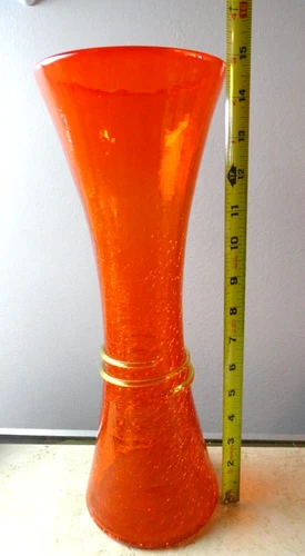 Blenko Art Crackle Glass Vase Orange with Clear Rigoree Swirl 14 1/4" Tall RARE
