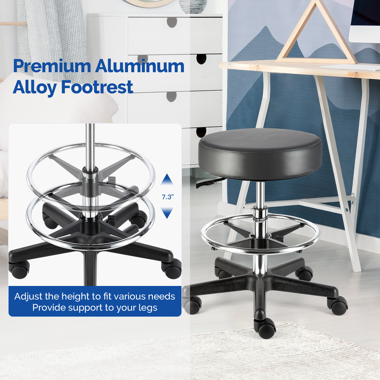 Round Rolling Stool 450lbs Weight Capacity w/Footrest Dental Salon Tattoo Chair