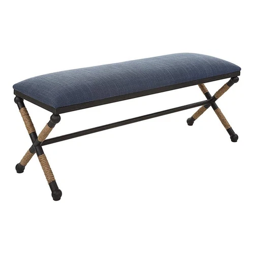 Uttermost Firth Coastal Iron MDF and Fabric Bench in Natural/Navy Blue - Picture 1 of 9