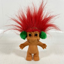 Vintage Troll Doll Figure with Red Hair and Brown Eyes w/ Green Earmuffs 4"