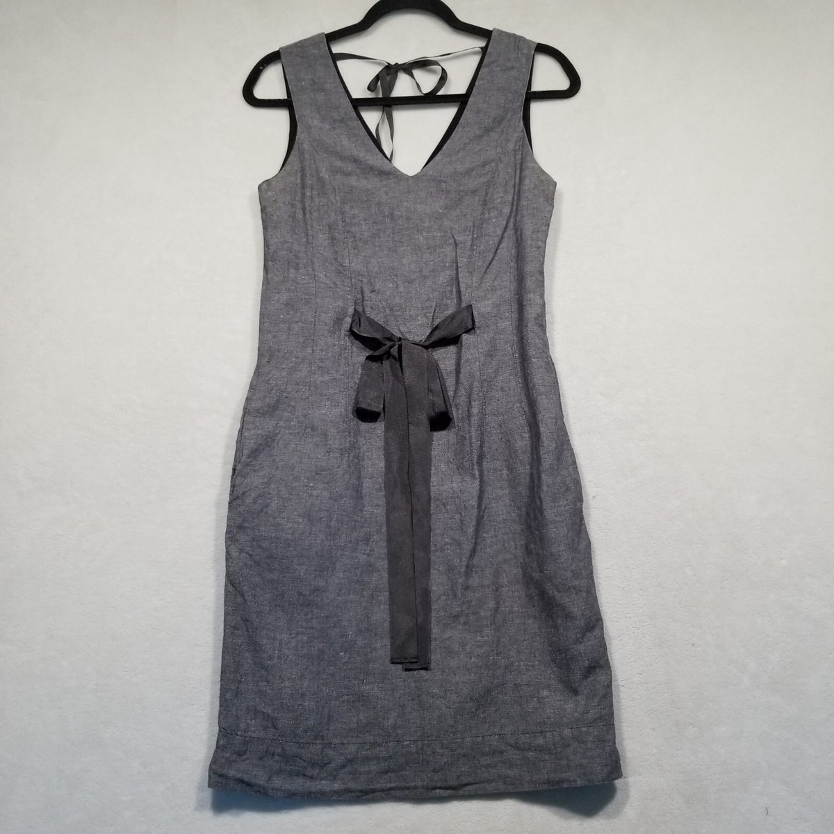 Banana Republic 4 Gray Linen Cotton Sheath Dress V Neck And Back Preppy  Classic