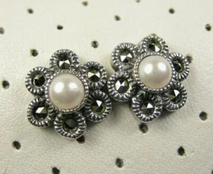 Vintage Western Sterling Silver Hematite Flower White Pearl Cluster Earrings 925