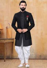 Embroidered Velvet Sherwani in Black
