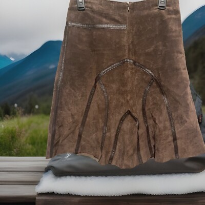 Promod Women's 100% Leather Chocolate Brown Doublure A-Line Midi Skirt Size 