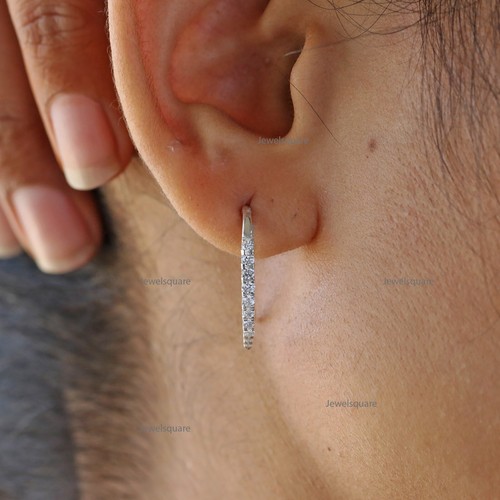Natural Pave Diamond Tapered Fish Wire Drop Earrings 14k Gold Threader Earrings - Picture 4 of 8