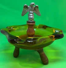 Vintage Amber Footed Glass Ashtray With Brass Eagle Mid-Century Modern