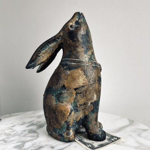 Vintage Japanese Cast Iron Moon Gazing Rabbit Garden Sculpture/Okimono-9"