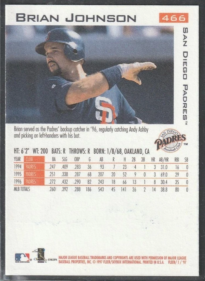 294, Original Autograph, Brian Johnson; San Diego Padres, 1997 Fleer #466 - Image 2 of 2