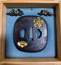 Higo Tsuba Plum Blossom Gold Inlay Copper Ground with Mekugi Attachment
