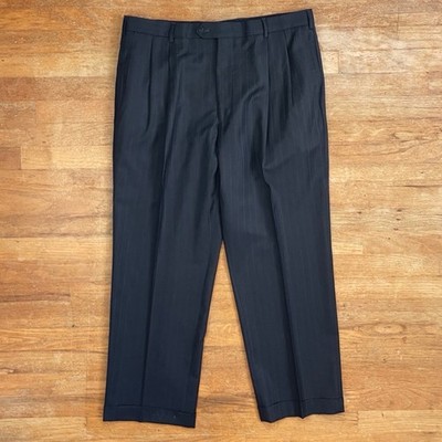 Jos A Bank Pants Size 36x29 Wool Pinstriped Gray/Brown Pleated Cuffed Trousers