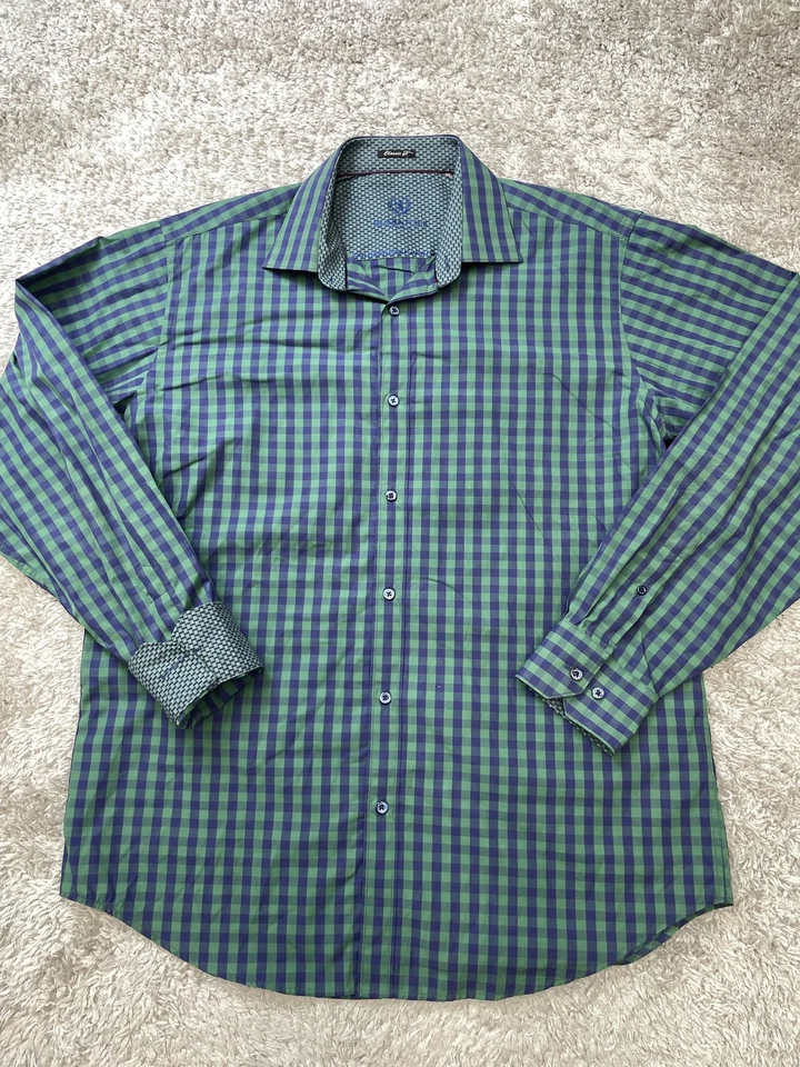 Camisa Bugatchi Para Hombre Grande Verde Azul Cuadros Puño Abatible Manga Larga Abotonada Foto 2 de 4