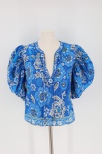 Farm Rio Full of Flowers Puff Sleeve Vibrant Blue Anthropologie Women Medium Top