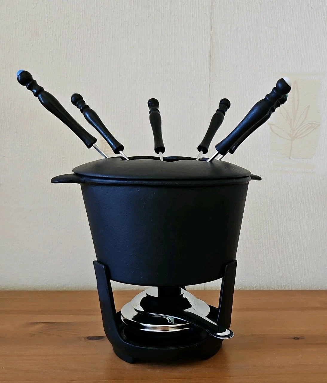 Fondue Frolics Cast Iron Fondue Set With Burner And Six Forks. Boxed