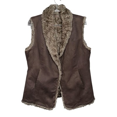 Crosby Brown Faux Fur Sherpa Vest Snap Front Sleeveless Winter Layer Women s L