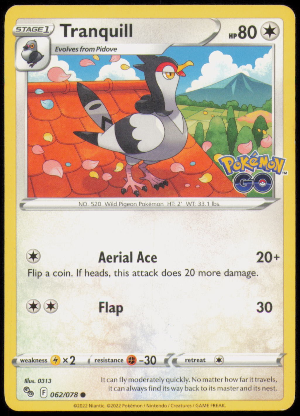 Tranquill 062/078 Common Pokemon GO Pokemon Lightly Played