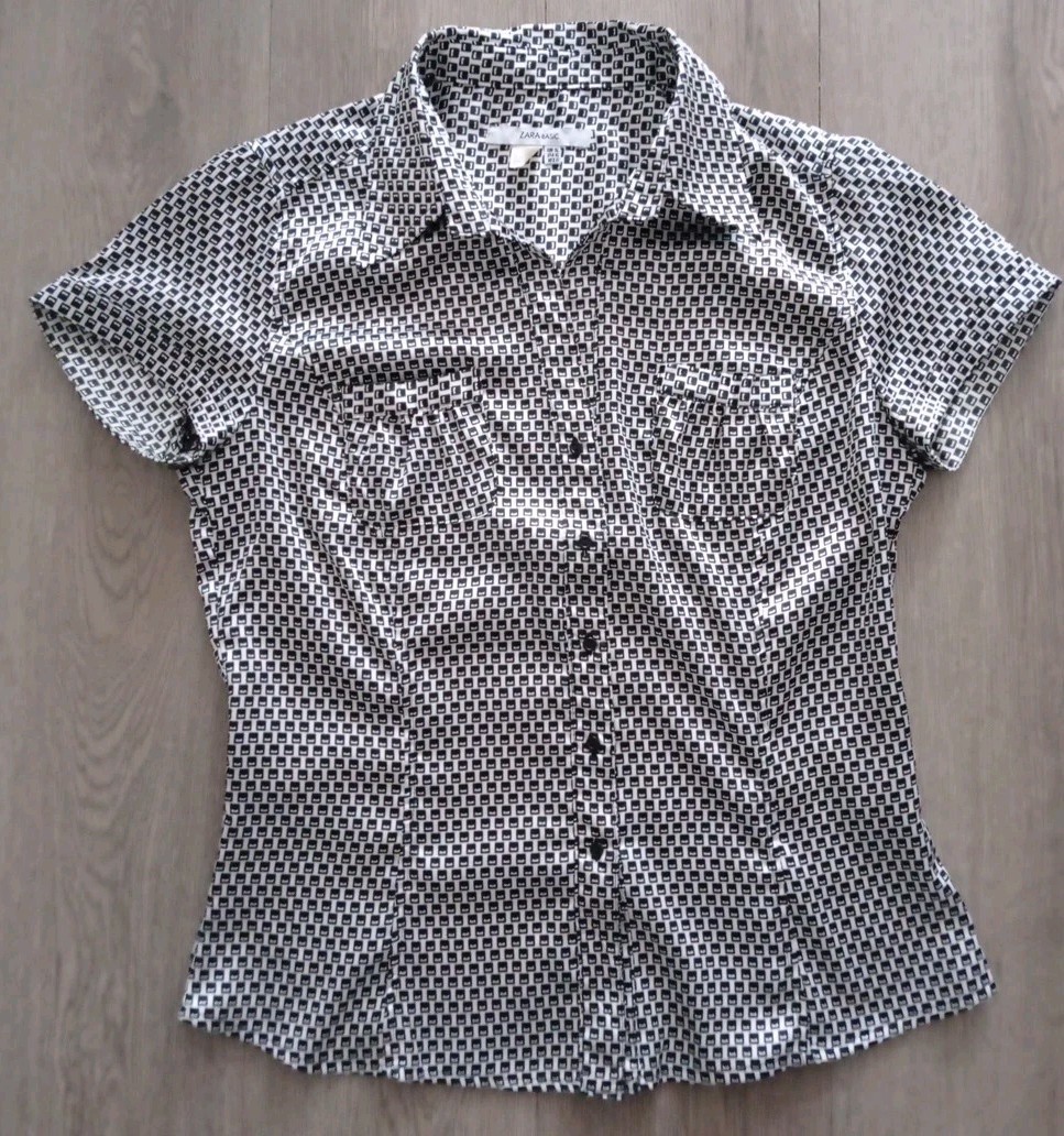 Zara Basic Black White Geometric Button Up Blouse… - image 1
