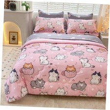 7 Piece Girlss Comforter Set Size Bed in A Bag Pink Cute Cartoon Pet Twin Cat