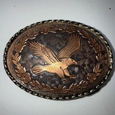 Vintage Eagle Etched Leaf Pattern Western Belt Buckle Stamped W USA 2 Tone
