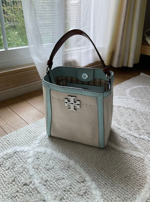 Tory Burch McGraw Small Bucket Bag Blau Beige Canvas Leder Schulter Crossbody