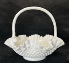 Vintage MCM Fenton Hobnail Milk Glass Basket With Handle Ruffled Edge 11.75"Wide