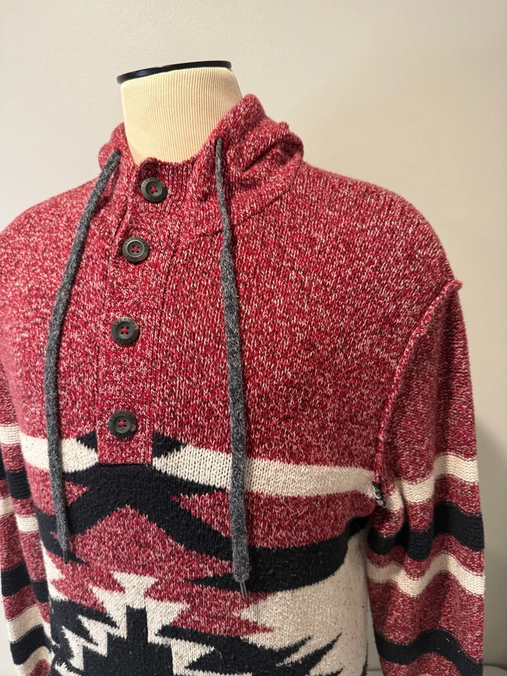 Suéter American Eagle Para Mujer XL Rojo Azteca Tribal Con Capucha Tejido Cuello Henley Foto 4 de 4