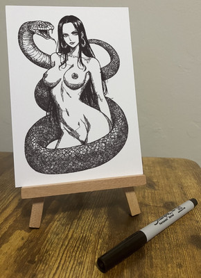 Nude Female Ink Drawing Snake Figure Boa Hancock Inspired Art 5x7