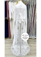 abaya White/Silver Sleeveless V-Neck Beaded Column Sheath Wedding Dress Train