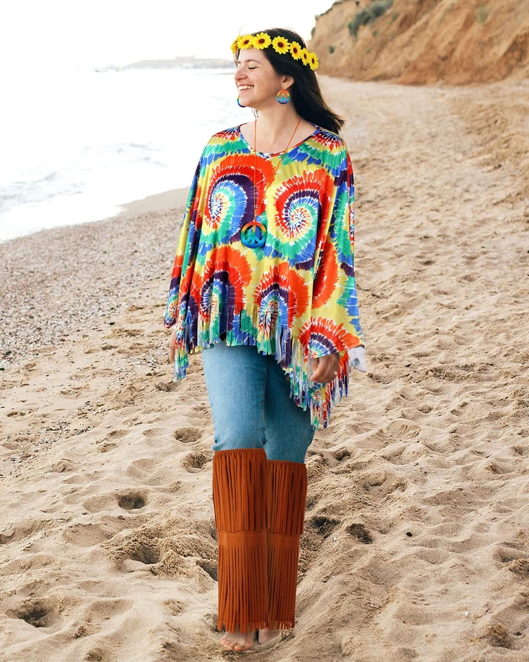 Conjunto de 5 piezas de accesorios de disfraz hippie años 60 70 trajes para mujer poncho tie dye... Foto 3 de 4