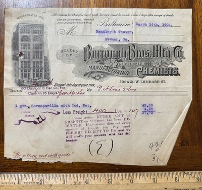 1904 braphic billhead Burrough Bros Mfg Chemists Sarsaparilla Baltimore MD