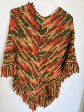 Vintage Crochet Granny Poncho Multicolor Fringe Boho Handmade Cape Wrap rainbow