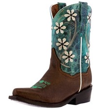 Kids Cowboy Boots Teal Flowers Leather Ranch Snip Rodeo Wear Size 8, 9, 10, 11