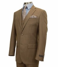 Men's Taupe Textured 3pc 2 Button Slim-Fit Suit w/ Matching Vest NEW