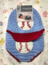 Hand Crocheted Blue  Red Baseball Hat  Diaper Cover Baby Costume 0-9M