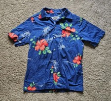 Vintage Hilo Hattie Blue Floral Hawaiian Camp Shirt Men's Size Medium