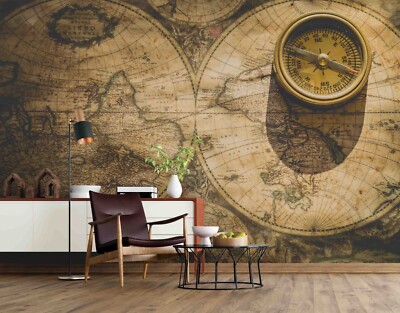 3D Compass World Map Self-adhesive Removeable Wallpaper Wall Mural