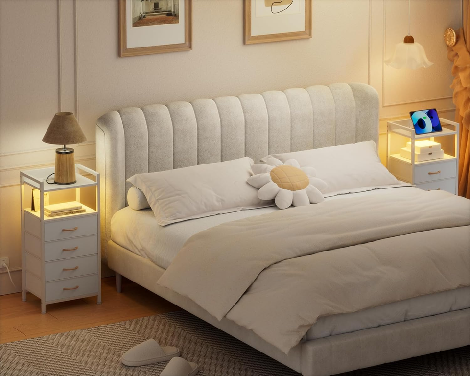 White Nightstand with Charging Station Side Table and Led Light Tall