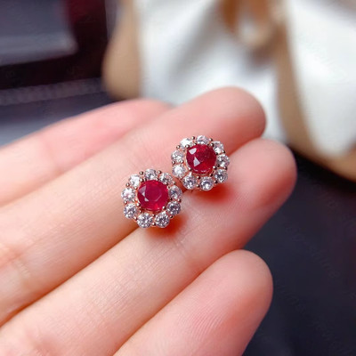 Natürliche Rubin Runde Edelstein Ohrringe 925 Sterling Silber, Rubin Ohrringe