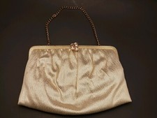 60s Vintage Clutch Handbag by Ande Metalic Lame Gold Rhinestone Clasp and Chain